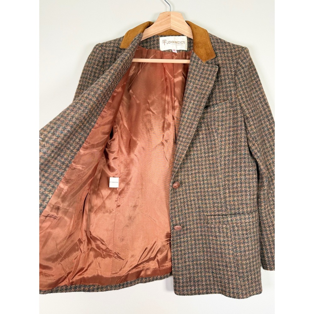John Meyer Vintage Brown Tweed Houndstooth Blazer Elbow Patches Womens 8 - Picture 8 of 15